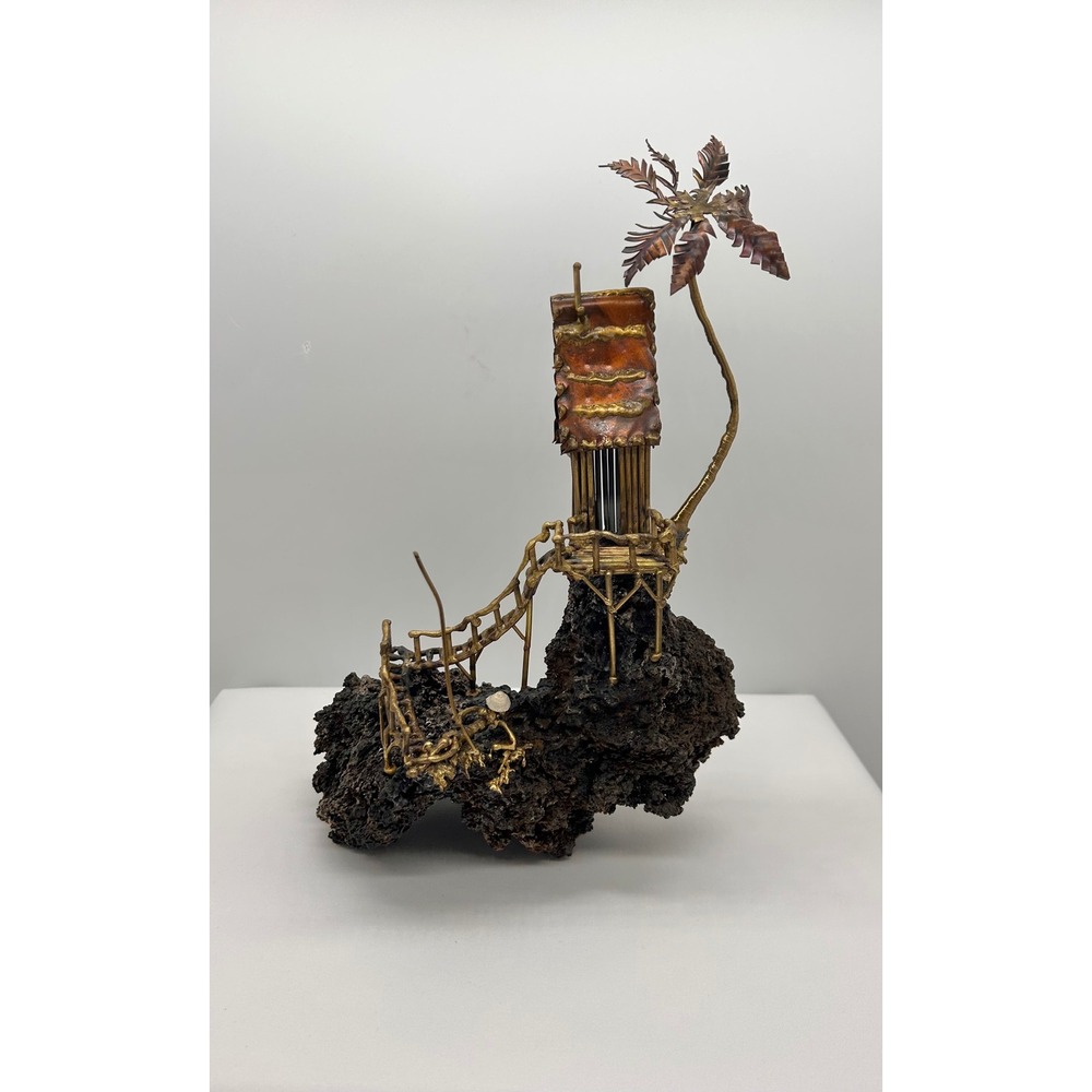 Vintage Brutalist Lava Rock Copper Brass Tropical Stilt Hut Palm Tree Sculpture
